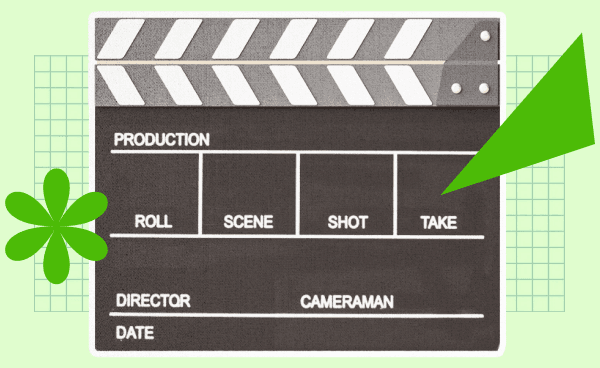 Collage of a clapperboard with shapes and colors surrounding